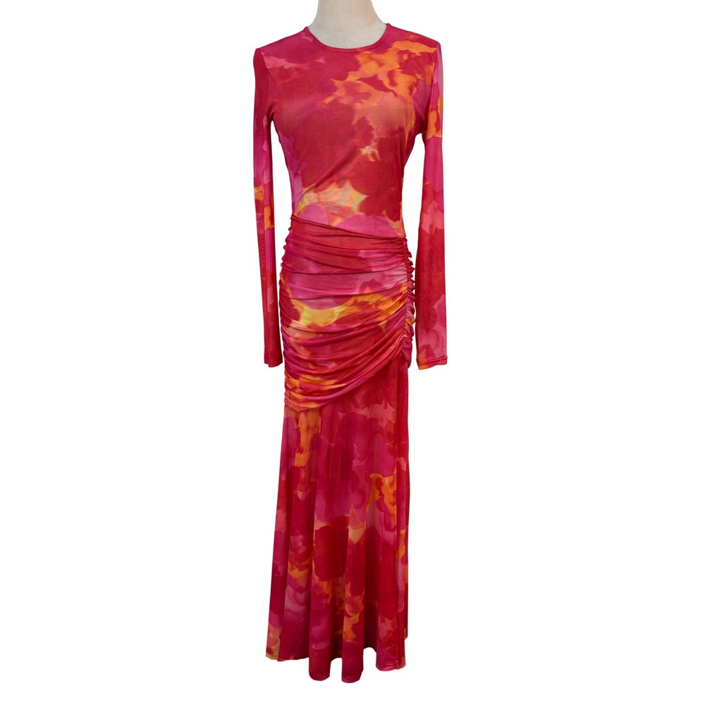 Yllw the label Olivia Mesh Ruched Maxi Dress Watercolor Size M party resort date